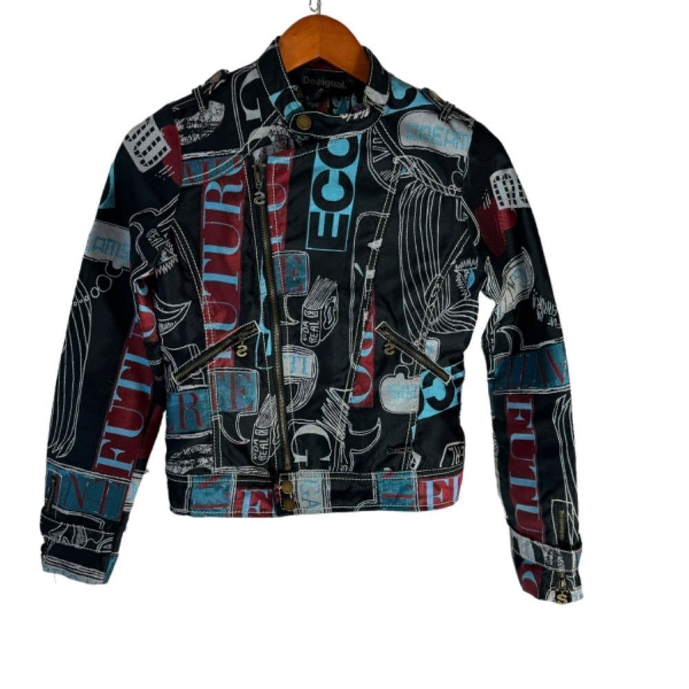 Desigual Black Multicolor Print Moto Bomber Jacket‎ Sz 36/US XS Size 4